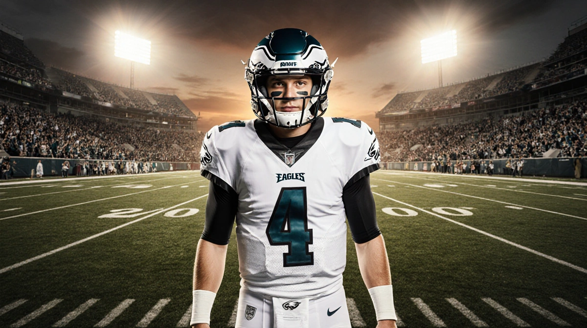 Tanner McKee stands behind center with Eagles jersey and helmet sun setting over the football field and stadium lights.