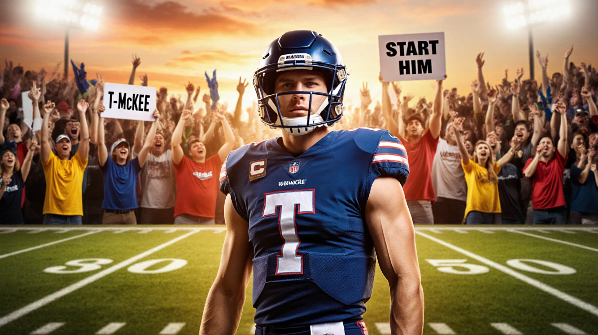 Tanner McKee stands confidently before an NFL football field at sunset with warm light and cheering fans holding T-McKee sign