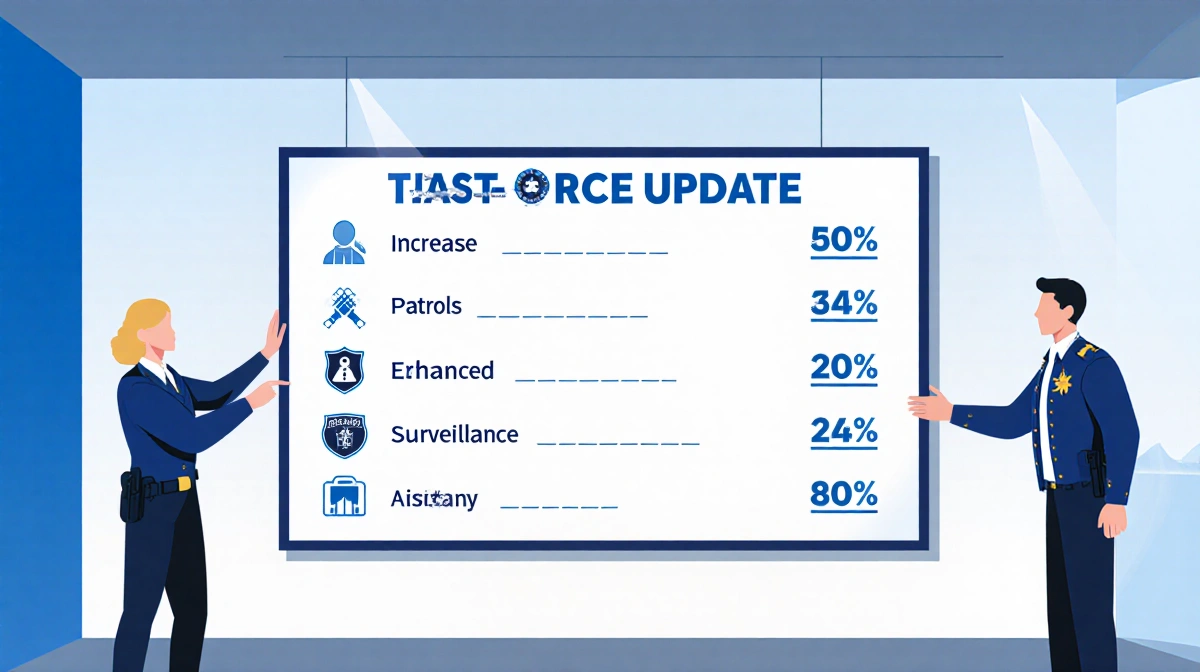 Task-force commander updating crime prevention metrics on large screen with bold graphics showing increased patrols and enhan