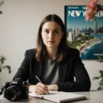 Tatiana Schlossberg sits at a desk with camera in greenery and a New Yorker cover of her cancer diagnosis, showing resilience