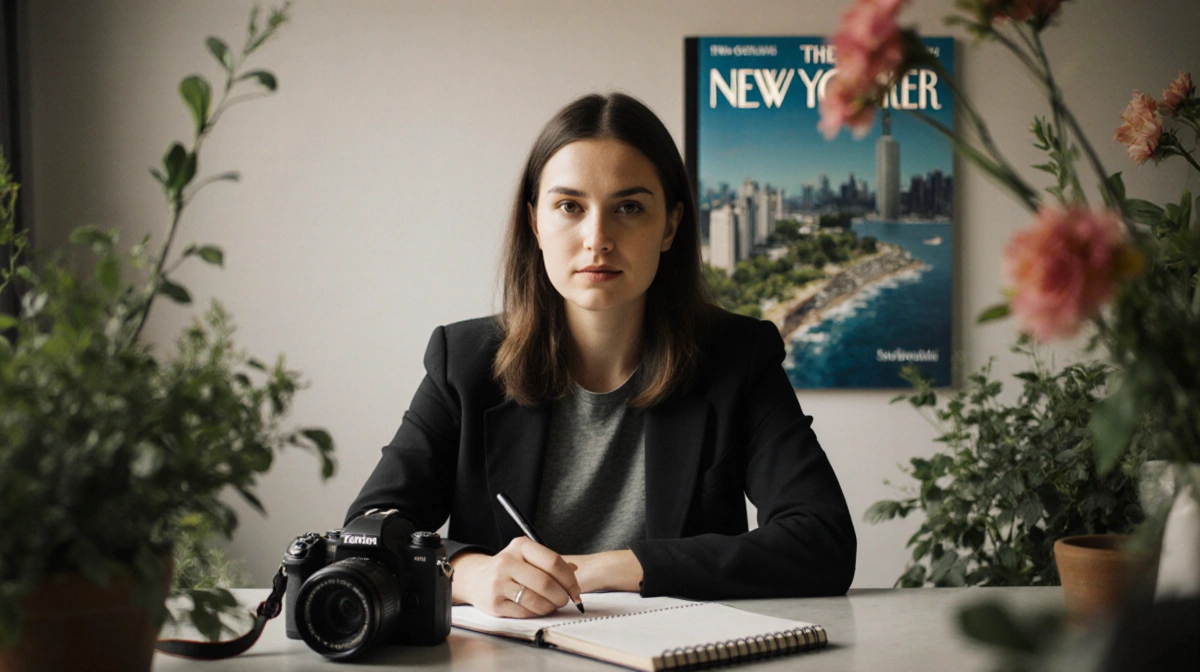 Tatiana Schlossberg sits at a desk with camera in greenery and a New Yorker cover of her cancer diagnosis, showing resilience