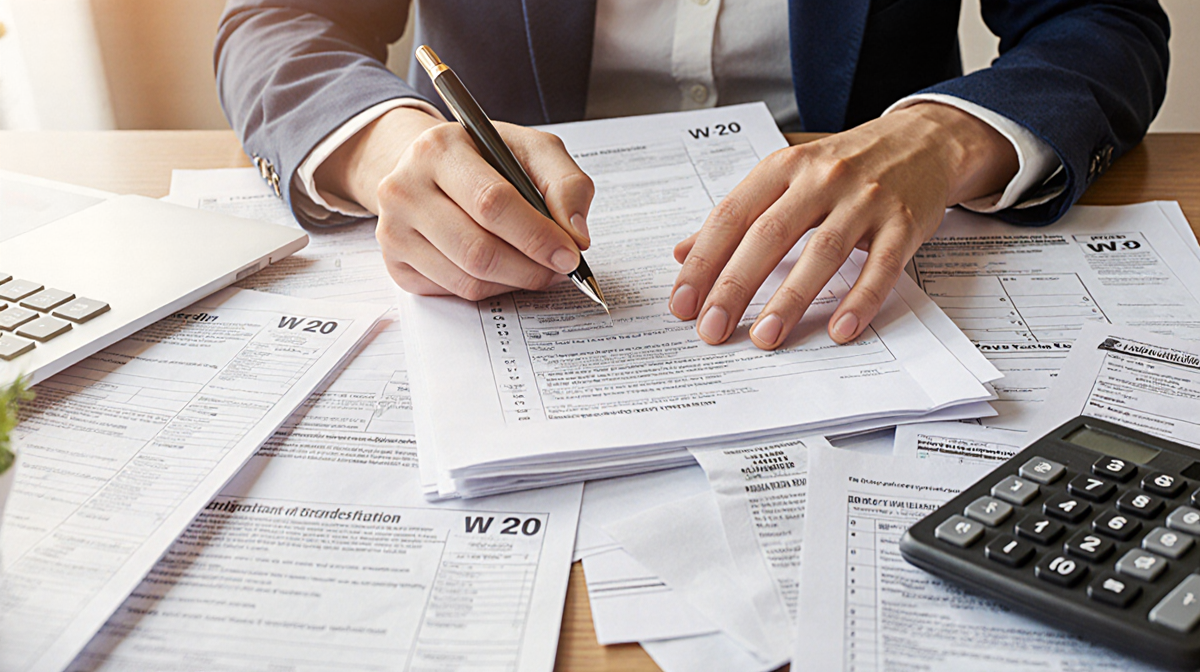 Person sorting and organizing tax paperwork with pen at desk and W-2 forms while a calculator sits nearby