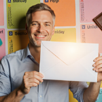 Person smiling holding envelope glowing with refund and near financial planner in calendar backdrop