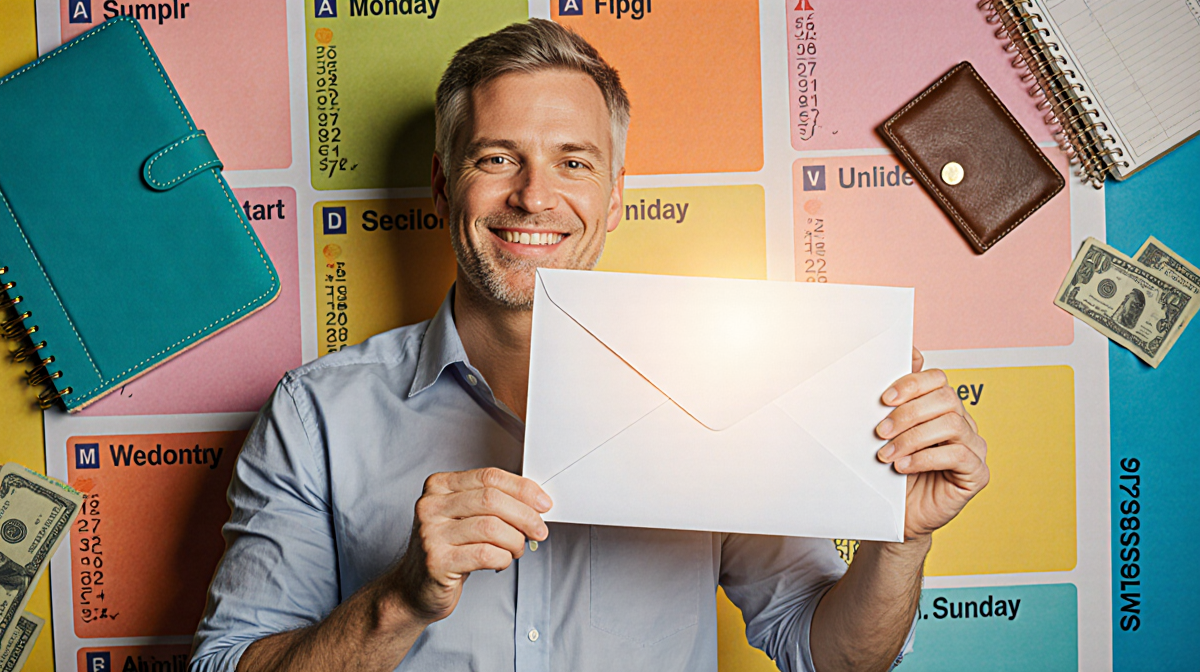 Person smiling holding envelope glowing with refund and near financial planner in calendar backdrop