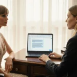 Taylor Swift and Blake Lively reviewing legal documents on laptop with tension showing between them