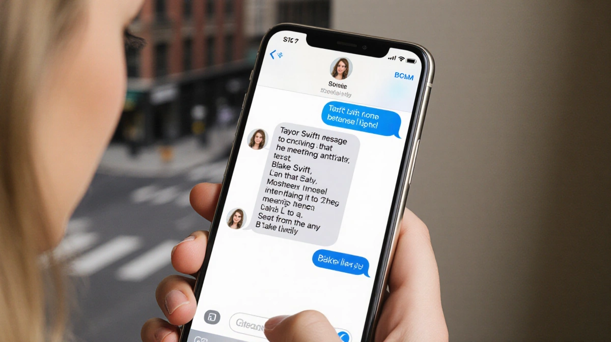 Blake Lively holds her phone showing Taylor Swift's text message with city lights blurred behind her hand