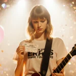 Emily Murray stands outside concert venue wearing Taylor Swift Eras Tour shirt with ticket stub and guitar symbol showing tra