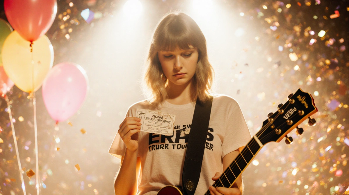 Emily Murray stands outside concert venue wearing Taylor Swift Eras Tour shirt with ticket stub and guitar symbol showing tra
