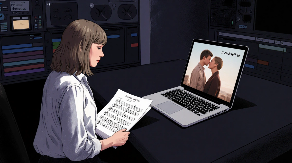 Taylor Swift sits alone in dim editing room with laptop showing script and sheet music on nearby desk symbolizing limited inv