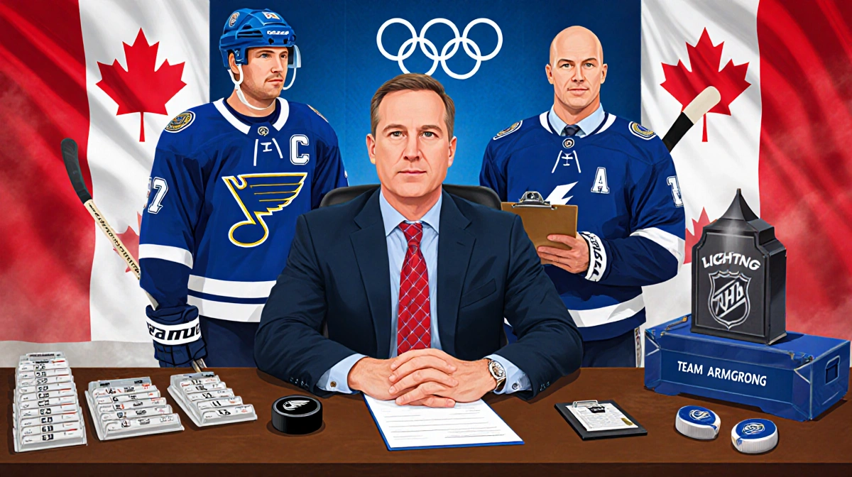 Doug Armstrong sits at a desk with a hockey puck while Jon Cooper stands beside him holding a stick with a Team Canada flag.