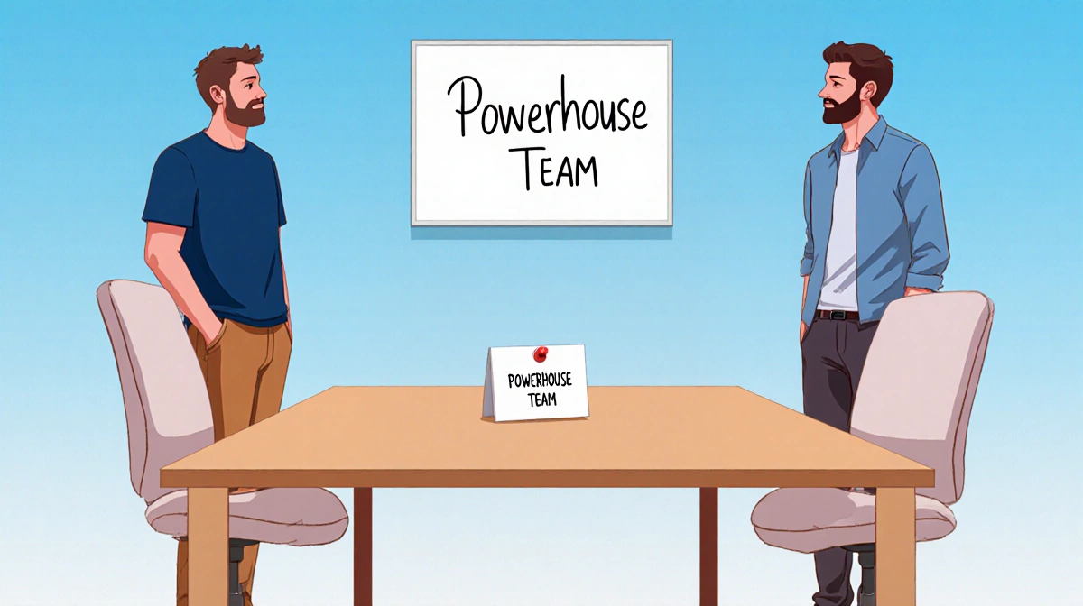 Two colleagues stand facing each other with empty chairs and a whiteboard reading Powerhouse Team showing their emotional far