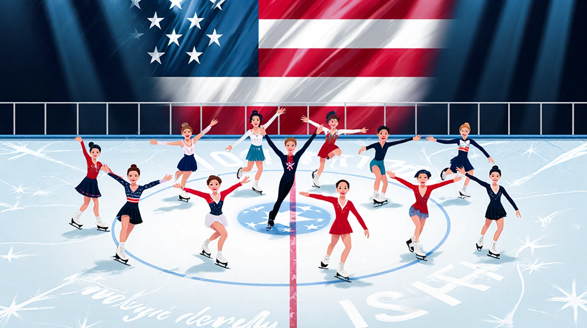 Sixteen figure skaters spin and jump across the ice with Team USA flag pattern glowing beneath the rink lights