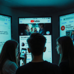 Teens stare at large screens with TikTok and YouTube videos scrolling and a phone showing Messenger chat