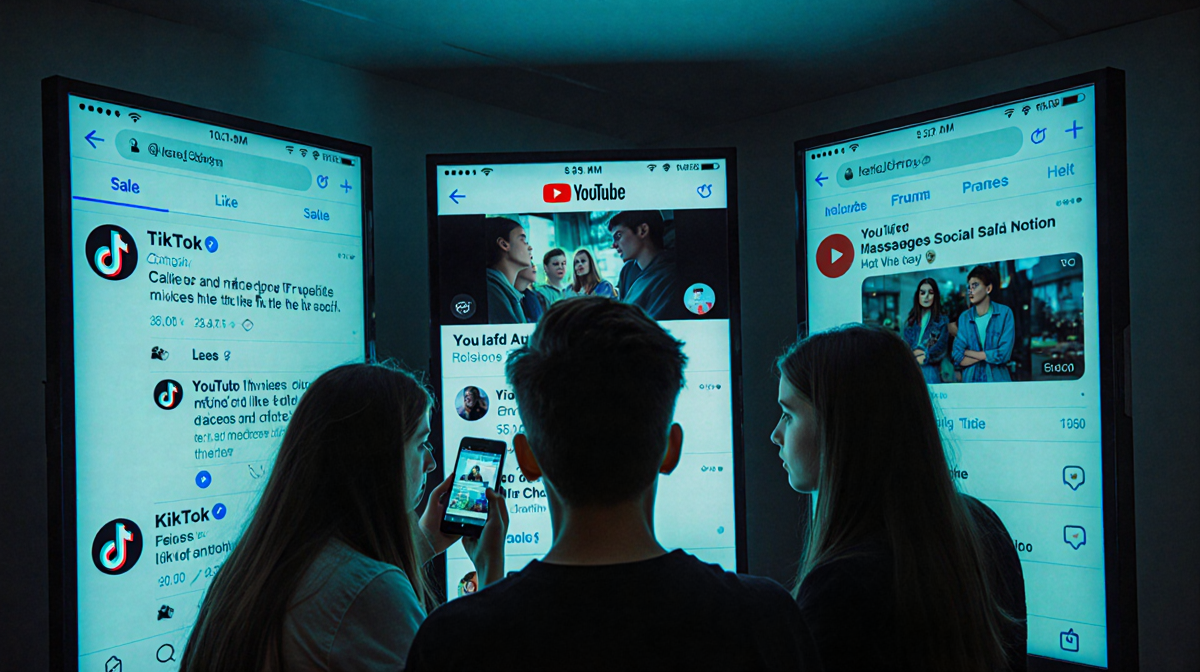 Teens stare at large screens with TikTok and YouTube videos scrolling and a phone showing Messenger chat