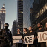 Tech employees hold bold protest signs with ICE officers in tactical gear outside a modern corporate building