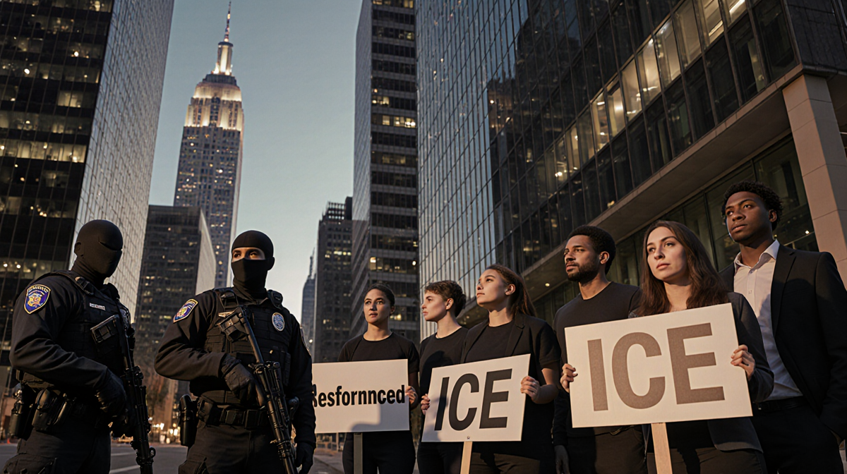 Tech employees hold bold protest signs with ICE officers in tactical gear outside a modern corporate building