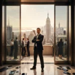 CEO stands confidently with investors and analysts on bustling stock exchange floor with smartphones and laptops showing tech