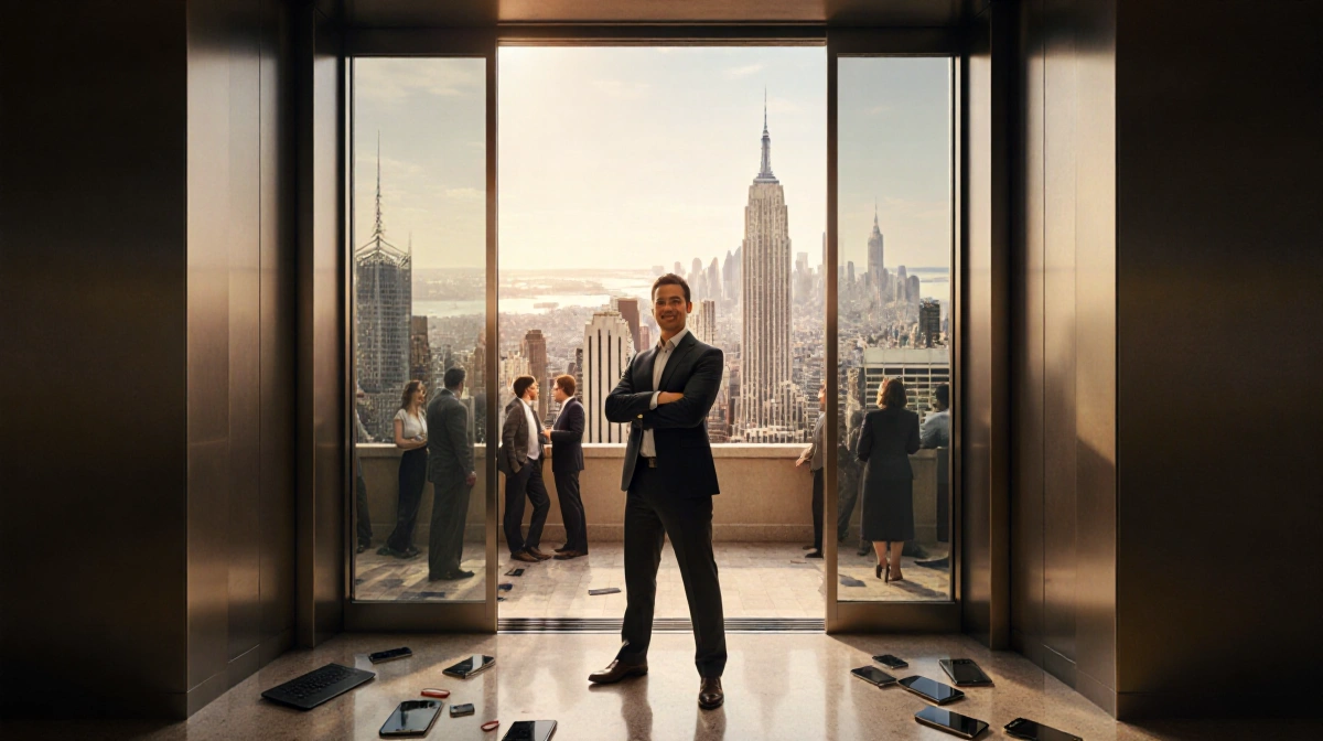 CEO stands confidently with investors and analysts on bustling stock exchange floor with smartphones and laptops showing tech