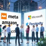 Tech professionals collaborating around screens with partner logos and greenery near city lights