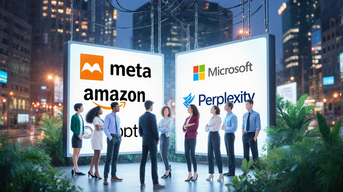 Tech professionals collaborating around screens with partner logos and greenery near city lights