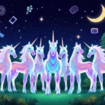 Over 100 glowing tech unicorns stand together in a futuristic forest with AI crypto biotech satellite and defense elements vi