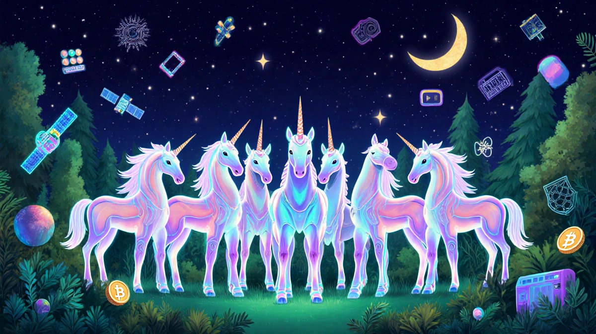 Over 100 glowing tech unicorns stand together in a futuristic forest with AI crypto biotech satellite and defense elements vi