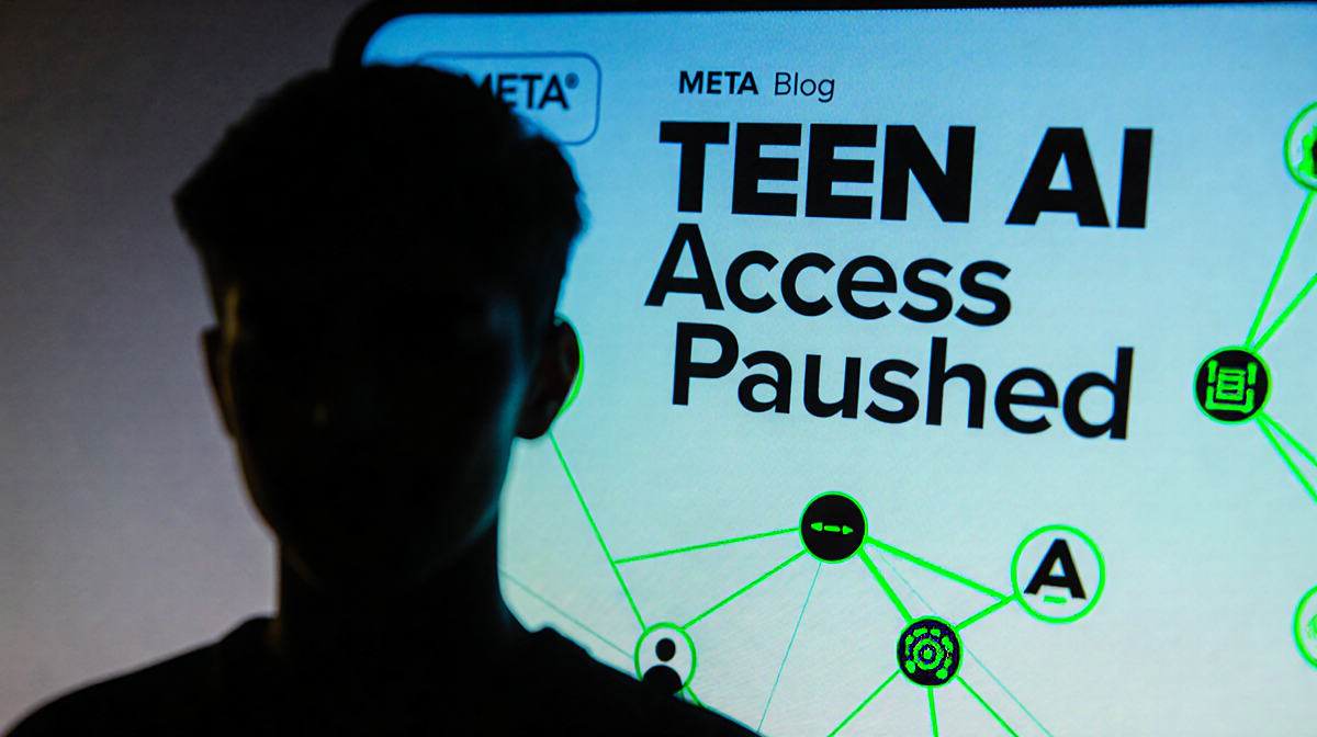 Smartphone screen shows blog with Teen AI Access Paused title and neon green lines over blue-grey gradient