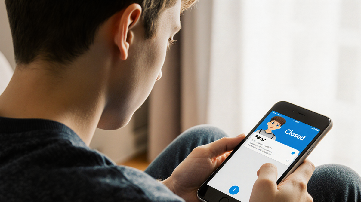 Teenager sits with smartphone showing paused Meta AI app and blurred background soft light highlighting concern for parental