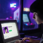 Teenager listening to music on vintage laptop with glowing screen and neon arcade lights behind.