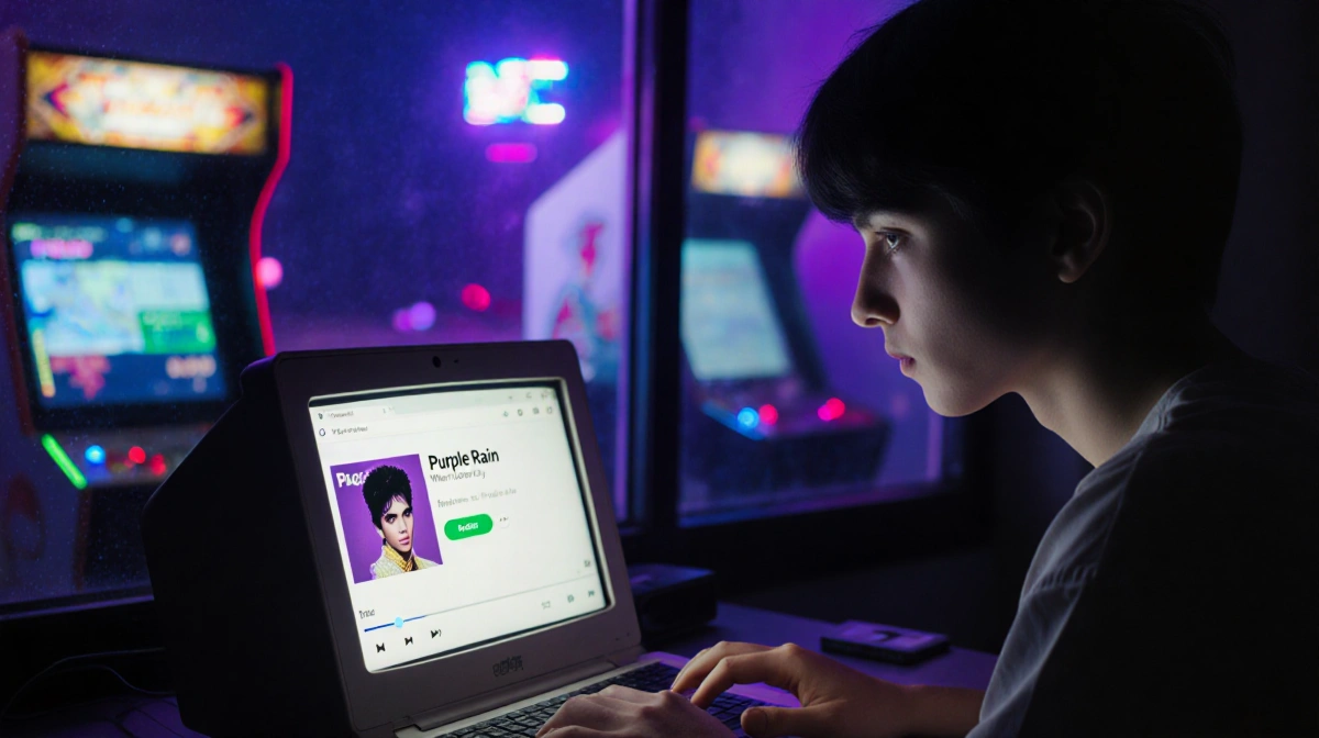 Teenager listening to music on vintage laptop with glowing screen and neon arcade lights behind.