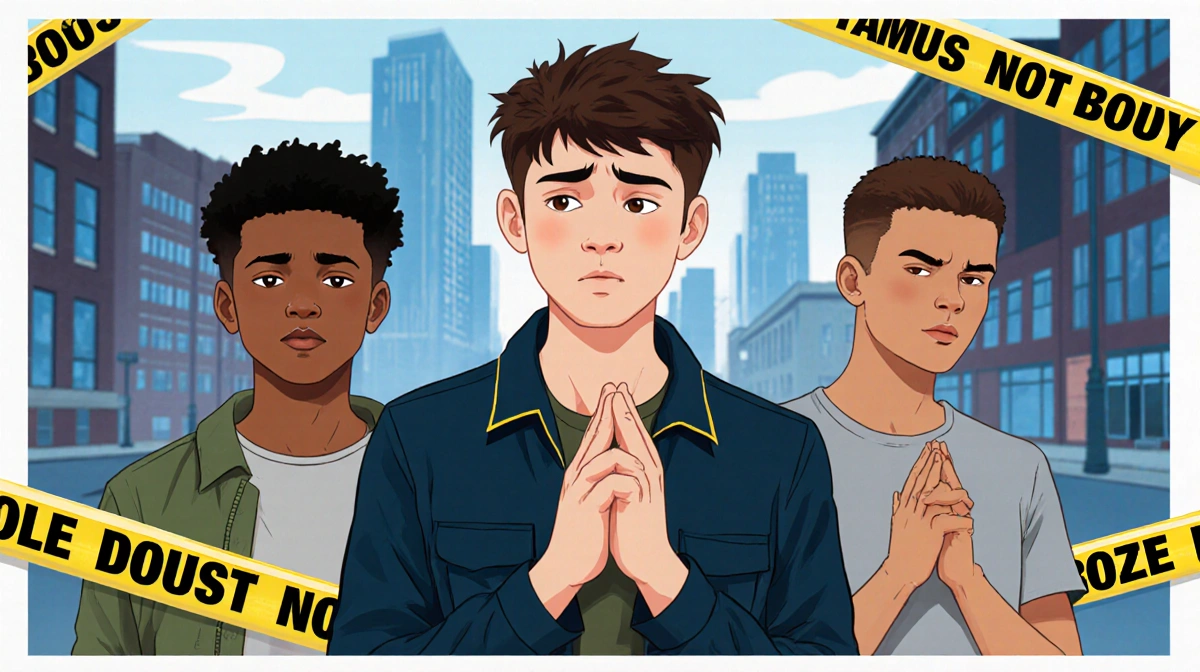 Three teenage boys stand before a police station with Temple University buildings blurred behind them and crime scene tape fr