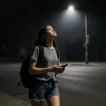 Teenage girl walks alone on dark Philadelphia street with backpack and phone showing vulnerability