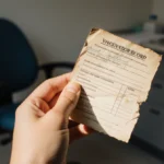 Teenager holds worn vaccination record with soft light on hand and neutral office background