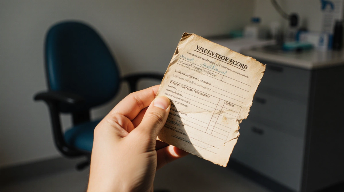 Teenager holds worn vaccination record with soft light on hand and neutral office background