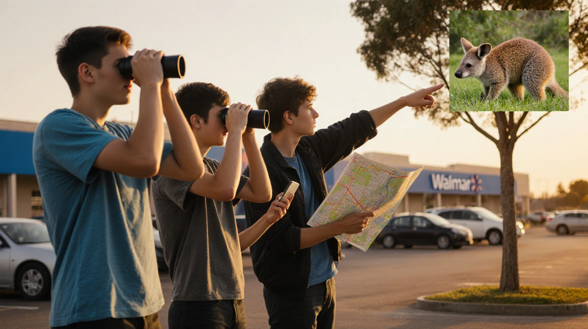 Teenagers scan Walmart parking lot with binoculars and phones pointing to a tree where Rex the wallaby is spotted.