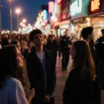 Teenagers stand beneath glowing boardwalk lights with police uniforms visible behind the restless crowd