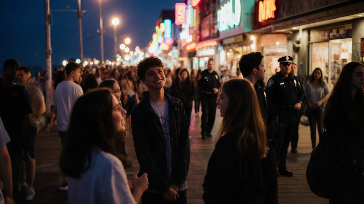 Teenagers stand beneath glowing boardwalk lights with police uniforms visible behind the restless crowd