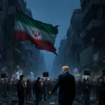 Protesters hold candles and signs with Tehran cityscape and Iranian flag overhead showing internet blackout