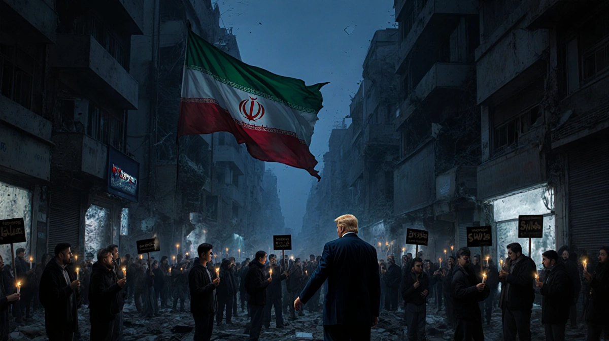 Protesters hold candles and signs with Tehran cityscape and Iranian flag overhead showing internet blackout