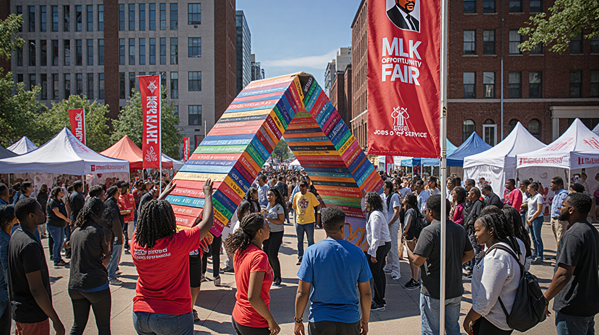 Temple University volunteers building a book-ark with thousands gathered and bright signage.