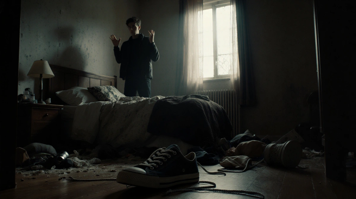 Young man raises hands with worried expression while stern figure approaches in messy bedroom with scattered belongings