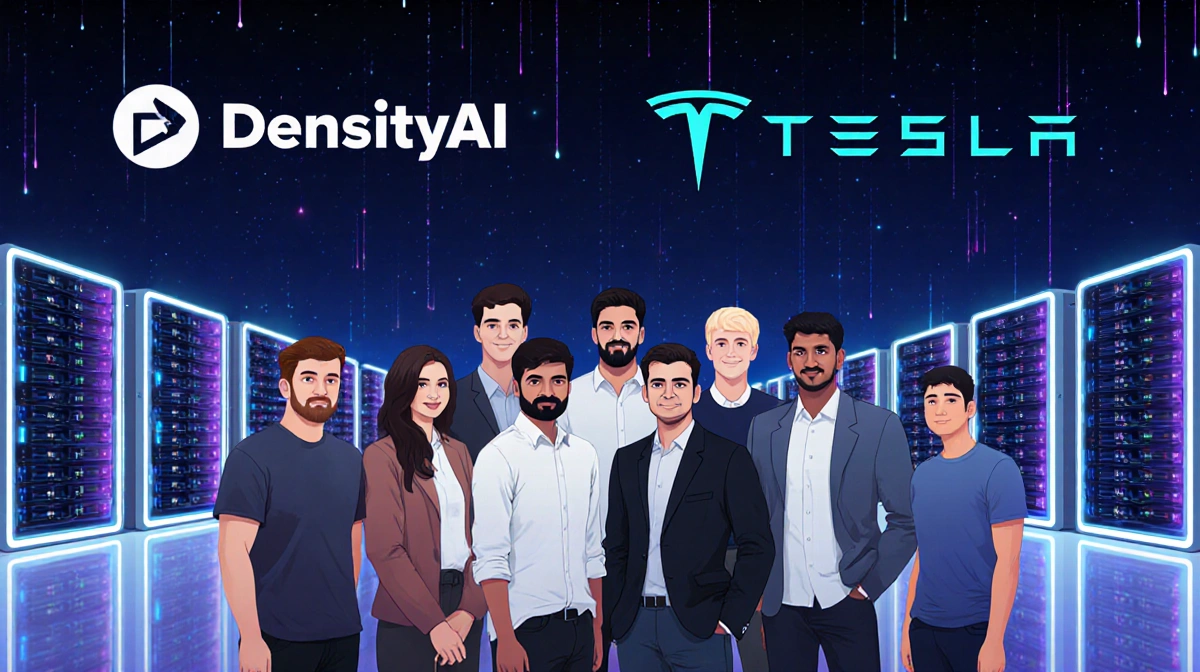 Peter Bannon and Ganesh Venkataramanan stand with former Dojo tech workers before futuristic server farm with neon lights.