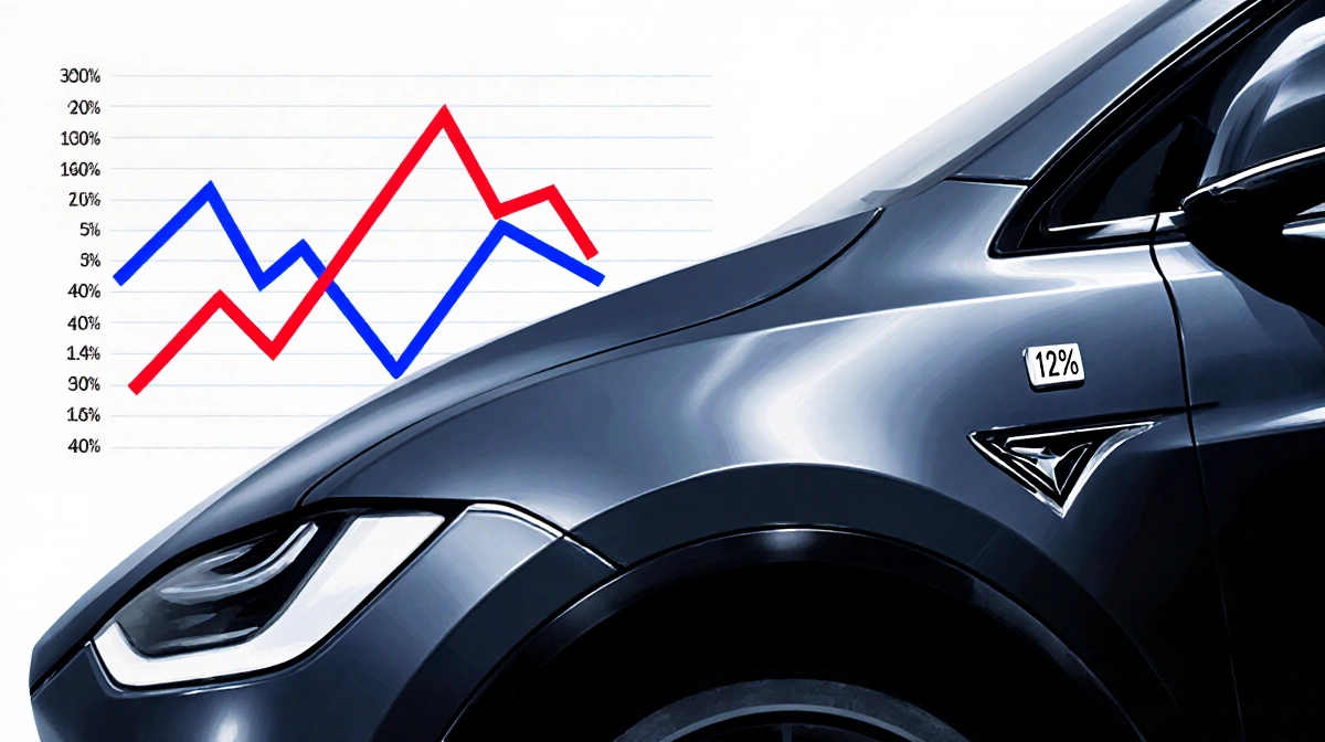 Tesla Model X displaying 12% FSD adoption badge with sales decline graph and growth chart showing subscription potential