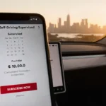 Tesla Model S dashboard shows Full Self Driving screen with smartphone displaying subscription price and city sunset through
