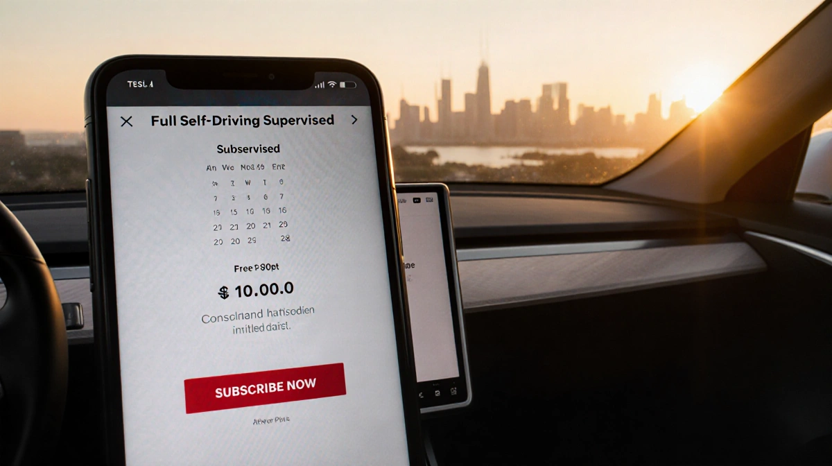 Tesla Model S dashboard shows Full Self Driving screen with smartphone displaying subscription price and city sunset through