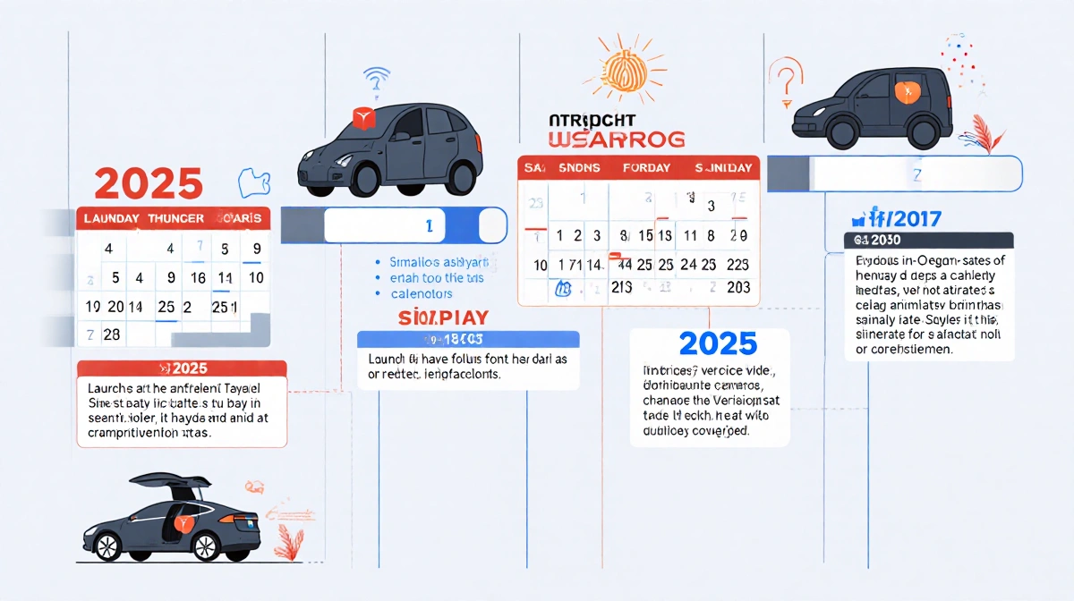 Tesla insurance timeline showing Arizona and Oregon launch dates with 2025 calendar and clean modern design