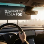 Tesla Model S parked in Los Angeles with FSD logo visible through windshield and insurance banner on building
