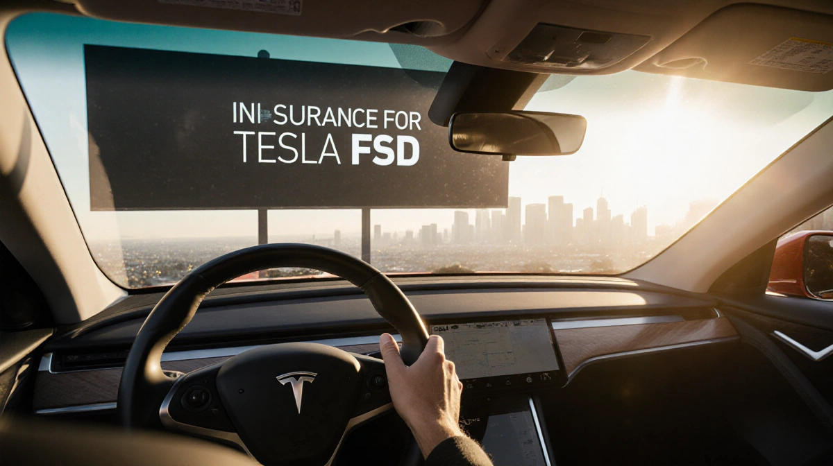 Tesla Model S parked in Los Angeles with FSD logo visible through windshield and insurance banner on building