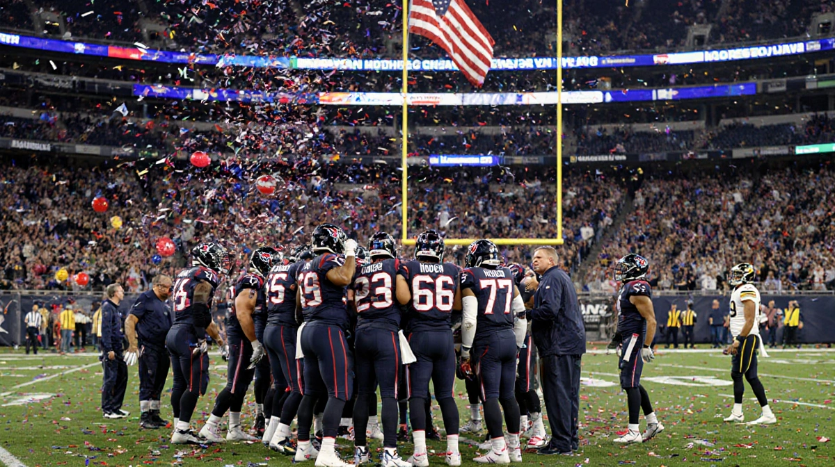 Texans defense celebrating victory with confetti falling and dejected Steelers quarterback standing alone