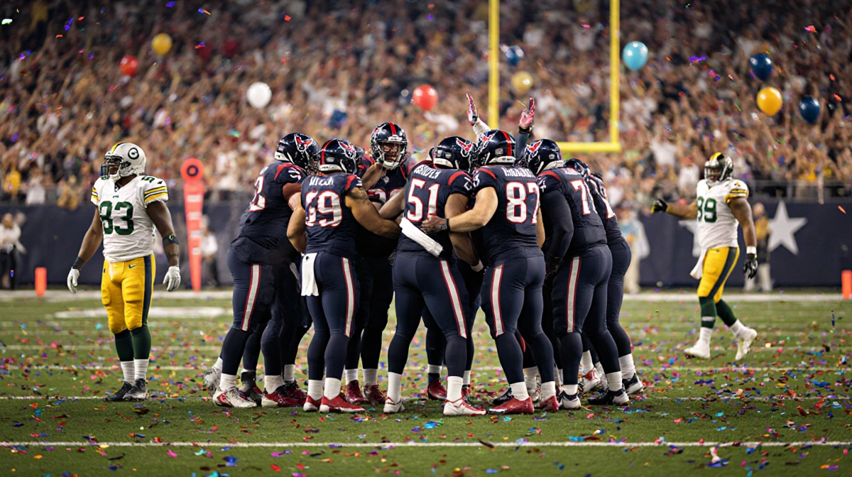 Houston Texans players celebrating victory with arms raised and confetti falling while Steelers walk off defeated